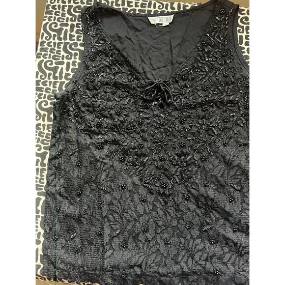 90s Vintage Top, Beaded embroidered Goth Vintage Black Tank, Lace 90s Boho - Picture 1 of 8